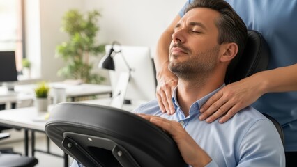 Fototapeta premium Man receiving shoulder and neck massage. Professional stress relief therapy for office worker. Health care and wellness at workplace.