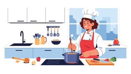 Person cooking in home kitchen illustrated in modern flat vector style, creative home hobby and lifestyle concept, ideal for food and leisure content