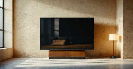 Fototapeta premium Minimalist interior features television, stand, lamp. Neutral tones dominate space, creating calm atmosphere. Light highlights textured wall.