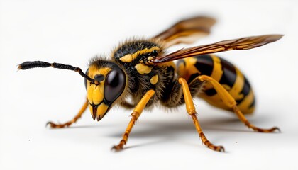 A close up of an insect, possibly a bee or wasp, with vibrant yellow and black markings, standing on its hind legs against a white background.