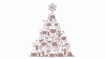 Brown laboratory equipment christmas tree made of beakers, flasks, test tubes on white background, science holiday decoration idea