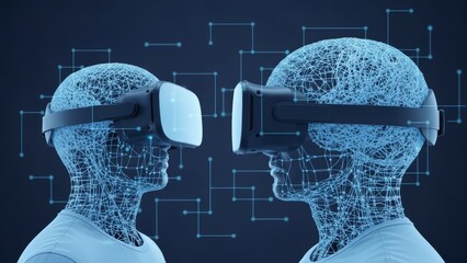 Two wireframe head models wearing virtual reality headsets facing each other. Metaverse interaction and digital connection concept for future technology.