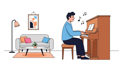 Person playing musical instrument piano illustrated in modern flat vector style, creative music hobby, ideal for art, culture, and leisure content © meeblues