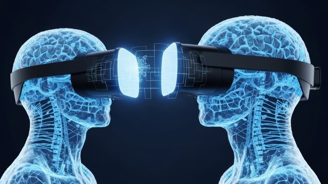 Two virtual reality headset wearing human heads with visible brain and nervous system connections communicating mind to mind. Artificial intelligence concept. - Powered by Adobe