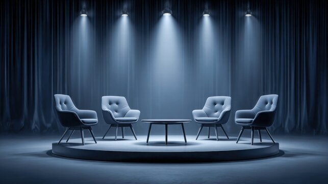 Modern stage setup with chairs and a table under spotlights