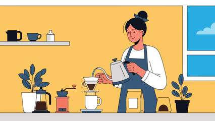 Person brewing coffee with tools in modern flat vector illustration, cozy lifestyle and leisure hobby, ideal for café, lifestyle, and food content