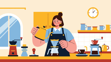 Person brewing coffee with tools in modern flat vector illustration, cozy lifestyle and leisure hobby, ideal for café, lifestyle, and food content