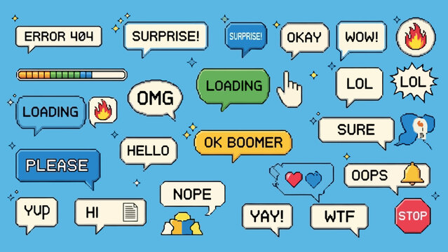 Art Speech Bubbles with Text and Icons - Error, Loading, Wow, Stop