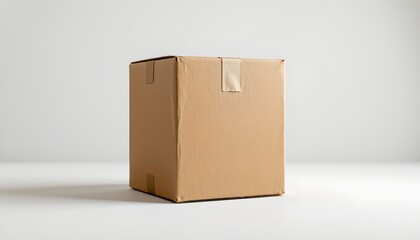 A cardboard box sits in front of a white background on a flat surface. The box is unopened with visible tape sealing it.
