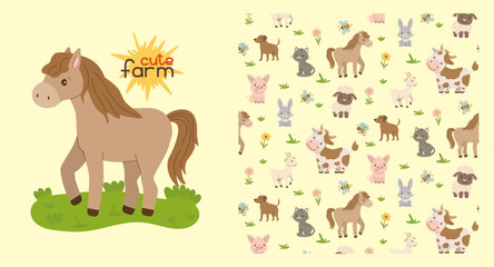 Charming vector illustration of adorable farm animals seamless pattern including a horse, cow, pig, and more. Ideal for children s designs, educational materials, and playful decor for textiles, cards