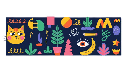 Whimsical Abstract Shapes and Cute Cat Illustration on Dark Blue Background