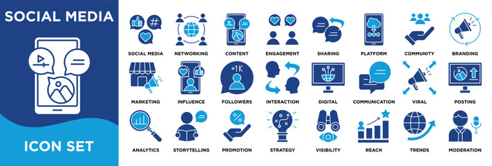 social media icon collection set. Containing  engagement, analytics, marketing, branding, networking, trends, and digital strategy. illustration vector 