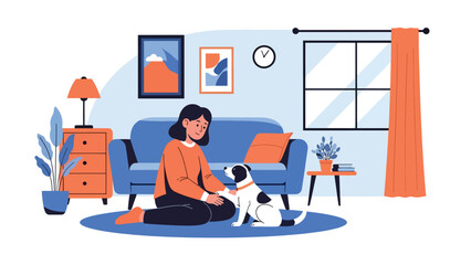 Person playing with pet at home in modern flat vector illustration, animal care leisure activity, ideal for lifestyle and pet-related content