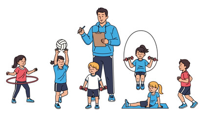 Coach Supervising Children Exercising with Sports Equipment and Fitness Gear