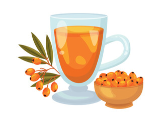Sea buckthorn tea. Flat vector clipart, illustration with isolated background.