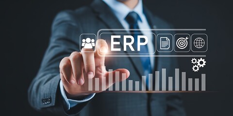 Business professional interacting with an erp system and data analytics display