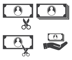 scissors cut dollar banknote icon set