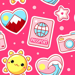 Vector Seamless pattern with cute vacation sticker. Endless texture can be used for textile pattern fills, t-shirt design, wrapping paper, web page background. Summer holiday, travel, adventure themed
