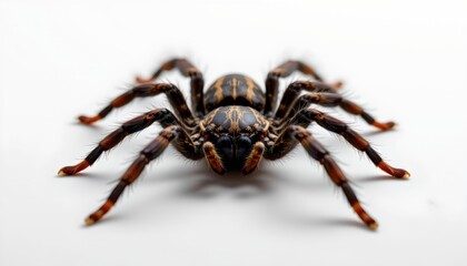 A close up of an orange and black jumping spider with its legs extended upwards. The background is white and out of focus, emphasizing the spider's vibrant colors and unique structure.