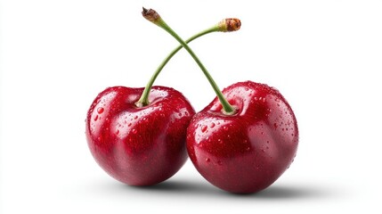 Fresh cherries with water droplets isolated on a clean white background