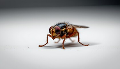 Naklejka premium A small flying insect, which appears to be a fly or mosquito, perched on a surface with its wings folded and antennae extended