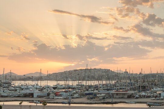 Greece, Athens, Kalithea, Faliro Marina Delta at Sunset, Boat