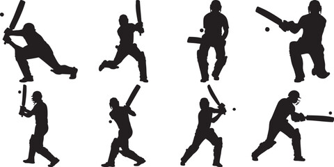 Cricket player silhouettes in various batting poses
