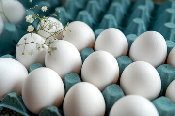 Close up of white eggs in egg carton with gypsophila flowers on the background. High quality photo