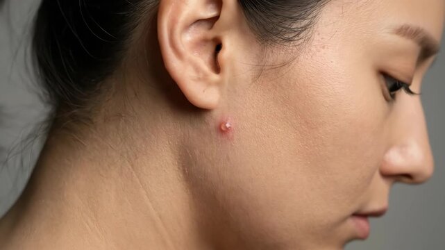 Close-up profile of a womans face showing a small red pimple on her cheek.