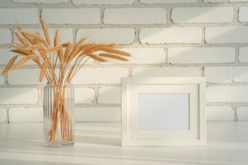 Dried wheat stalks in a glass vase beside a blank white frame