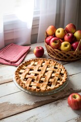 Freshly baked apple pie with lattice crust and ripe apples