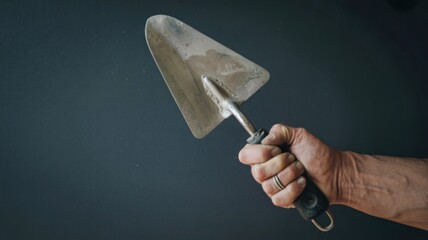 Hand holding a trowel against a dark background