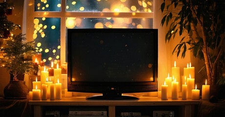 Cozy interior scene. Television surrounded by lit candles, festive lights visible through window. Warm ambiance, holiday spirit.