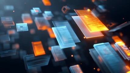 Floating digital documents represent modern data management and information processing in a vibrant virtual environment - Powered by Adobe