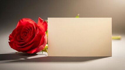 Single red rose beside a blank card