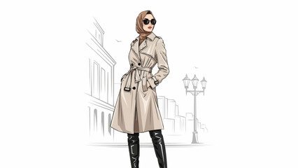 Elegant Woman Wearing a Classic Trench Coat and High Boots.