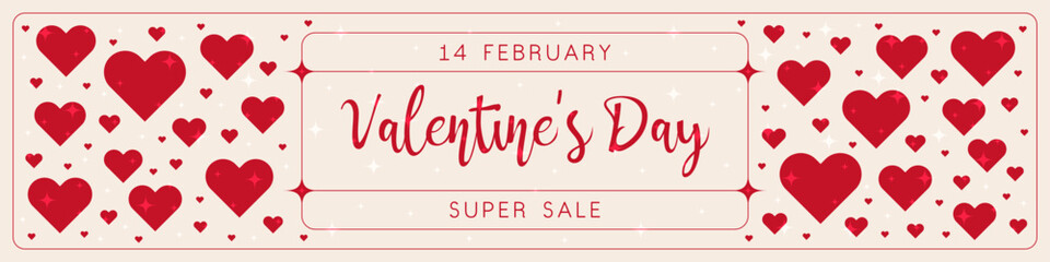 Valentine's Day sale horizontal advertising banner. Beige cream background with red hearts and small stars. Light radiance effect. Template design for marketing, websites and shops.