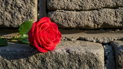 Red rose on stone wall