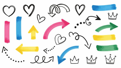 Collection of Hand Drawn Arrows Hearts and Crowns with Watercolor Accents.