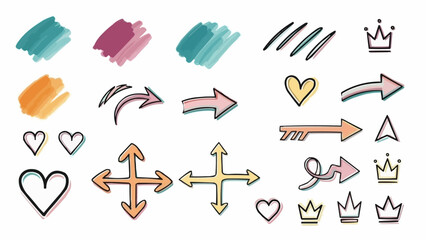 Obraz premium Collection of Hand Drawn Arrows Hearts Crowns and Paint Strokes.