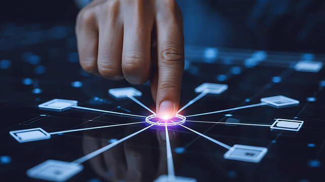 Human finger touching a glowing central node on a futuristic digital network interface representing global business connection technology and innovation data management - Powered by Adobe