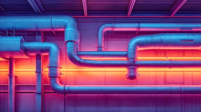 industrial pipes with neon lighting in a modern architectural setting