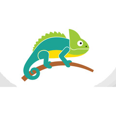 Vibrant cartoon chameleon character with green turquoise yellow colors.