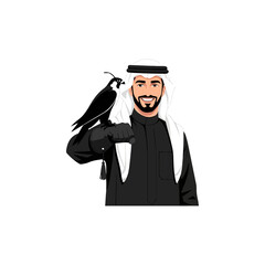 Smiling Arab man in traditional dress holding a falcon, a symbol of heritage and pride
