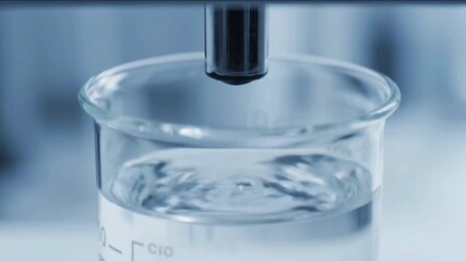 Close-up of a clear liquid being measured in a laboratory beaker, representing scientific research and experimentation