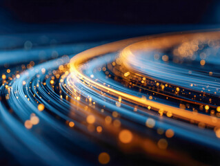 Vibrant abstract glowing curved lines and sparkling particles in blue and orange colors creating a dynamic futuristic technology background design