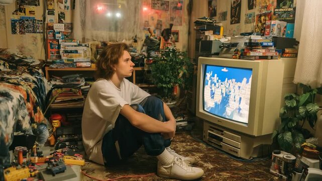 A young man sits on the floor in a messy bedroom, focused on an old CRT television. He plays an 8-bit game on a classic console surrounded by various items from the 90s