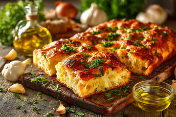 Freshly baked focaccia with herbs and olive oil on wooden board Generative AI