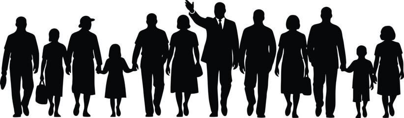 Silhouette of a diverse group of people walking together