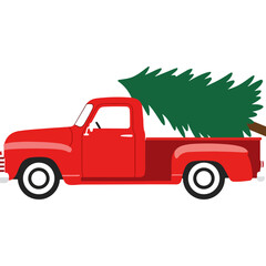 Vintage Red Truck Carrying a Christmas Tree.